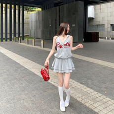 批发<b class='q'>街头</b>辣妹灰色连帽无袖吊带背心韩版夏季运动简约2025短款T恤外衫