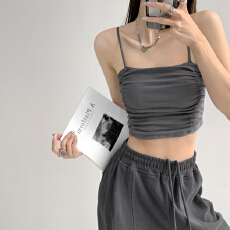 批发纯欲风褶皱小<b class='q'>吊带</b><b class='q'>背心</b>女夏季短款辣妹露背修身<b class='q'>露</b><b class='q'>脐</b>纯色打底上衣潮