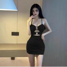 批发蹦迪女装辣妹V领低胸镂空紧身包臀挂脖吊带短裙性感夜总店<b class='q'>连衣裙</b>