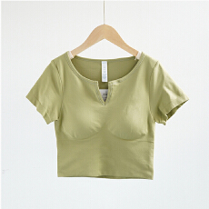 批发带胸垫正肩V领修身短款T恤女夏季新款运动健身跑步瑜伽服<b class='q'>短袖</b>上衣