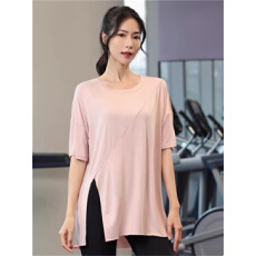 批发瑜伽服运动宽松罩衫<b class='q'>短袖</b>T恤女夏季新款宽松开叉圆领套头健身上衣