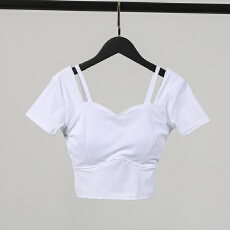 批发带胸垫瑜伽服女夏季修身显瘦性感美背短款上衣<b class='q'>短袖</b>训练服跑步运动