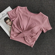 批发带胸垫<b class='q'>短袖</b>T恤女夏薄款跑步修身显瘦休闲运动健身外穿瑜伽服上衣