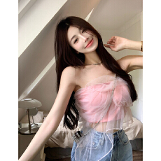 批发粉色少女感网纱拼接抹胸背心女<b class='q'>夏</b>装新款短款修身露脐显瘦内搭上衣