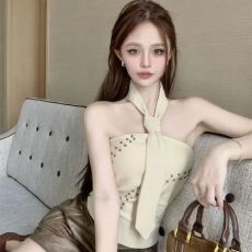 批发夏季纯欲辣妹重工钉珠领带性感抹胸上衣设计感小众吊带背心女外穿