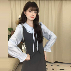 批发2025新款韩系高级感假两件<b class='q'>衬衫</b>连衣裙子女早秋季法式气质收腰长裙
