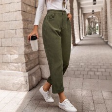 批发跨境亚马逊欧美大码女式时尚休闲纯色百搭优雅直筒裤