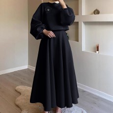 批发跨境亚马逊<b class='q'>欧美</b>大码女式黑色泡泡袖设计上衣半身裙纯色<b class='q'>套装</b>