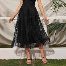 批发跨境亚马逊欧美大码女式时尚休闲气质纯色格纹拼接网纱半身裙