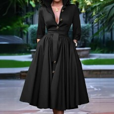 批发跨境大码女式时尚优雅高级感黑色面料显瘦百搭连衣裙适合通勤职场