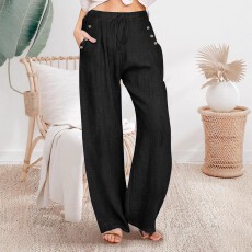 批发跨境亚马逊欧美大码女式纯色高腰假抽绳设计直筒宽松百搭阔腿裤