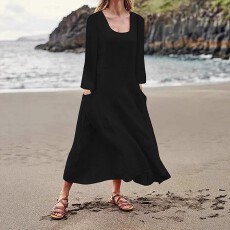 批发跨境亚马逊欧美大码女士时尚休闲度假简约舒适弹力宽松连衣裙