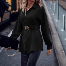 批发跨境亚马逊欧美大码女士时尚<b class='q'>通勤</b>气质舒适梭织面料腰带衬衫