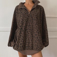 批发大码女士休闲百搭<b class='q'>气质</b>拉链领豹纹舒适宽松卫衣