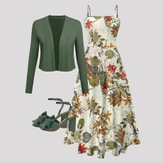 批发跨境亚马逊欧美<b class='q'>大码</b>女士森系优雅吃纯色开衫搭配植物印花吊带裙