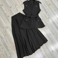 批发跨境亚马逊<b class='q'>大码</b>女士时尚优雅气质纯黑色马甲腰带上衣宽松半裙套装