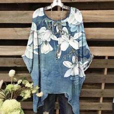 批发跨境亚马逊欧美大码女士爆款舒适花朵印花宽松设计感上衣