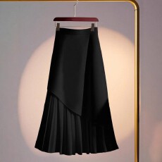 批发跨境亚马逊欧美大码女式时尚针织不对称纯色百褶设计半身裙