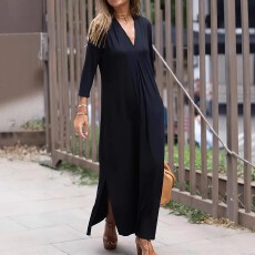 批发跨境亚马逊欧美大码女士简约百搭V领针织面料开叉连衣裙