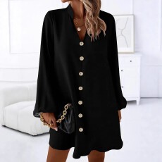 批发跨境亚马逊欧美大码女士纯色梭织V领宽松舒适连衣裙