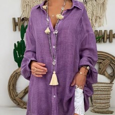 批发跨境亚马逊欧美大码女士时尚休闲纯色宽松舒适紫色衬衫