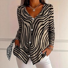 批发跨境亚马逊欧美大码女士气质时尚高端条纹印花开衫纽扣上衣