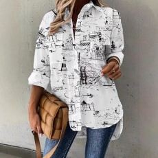 批发跨境亚马逊欧美大码女士时尚百搭随机印花宽松通勤衬衫