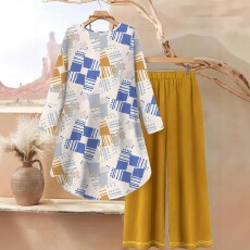 批发跨境亚马逊欧美大码女士随机印花前短后长上衣搭配宽松阔腿裤套装