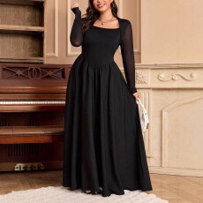 批发跨境亚马逊欧美大码女士时尚温柔优雅纯色收腰宽松连衣裙