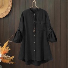 批发跨境亚马逊欧美大码女士时尚纯色宽松舒适纽扣设计袖口衬衫上衣