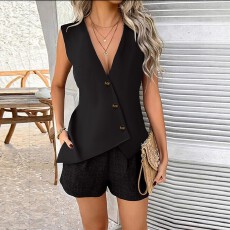 批发跨境亚马逊欧美大码女士百搭纯色V领无袖系带衬衫上衣