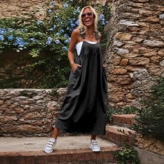 批发跨境亚马逊欧美大码时尚流行休闲百搭<b class='q'>通勤</b>黑色圆领吊带连衣裙