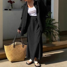 批发跨境亚马逊欧美大码女士气质休闲纯色梭织面料衬衫搭配直筒半身裙