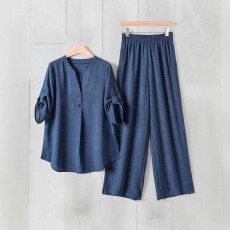 批发跨境亚马逊欧美大码女士休闲舒适透气梭织面料两件套装