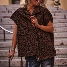 批发跨境亚马逊欧美大码女士时尚潮流新款豹纹气质炸街马甲外套