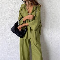 批发欧美大码女士时尚休闲百搭优雅经典衬衫直筒宽松阔腿裤套装