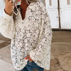 批发跨境亚马逊欧美大码女士休闲时尚镂空透气设计感花朵印花衬衫