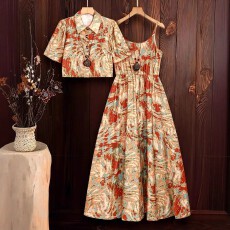 批发欧美<b class='q'>夏</b>季女士时尚优雅气质好看高级感随机印花上衣吊带裙两件套装
