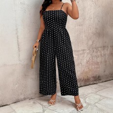 批发欧美夏季时尚休闲<b class='q'>女</b>士大码<b class='q'>连体裤</b><b class='q'>百</b>搭透气波点蝴蝶结后系带裤子