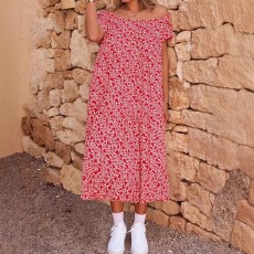 批发欧美大码<b class='q'>夏</b>季时尚休闲连衣裙优雅度假潮流露肩随机印花宽松裙子