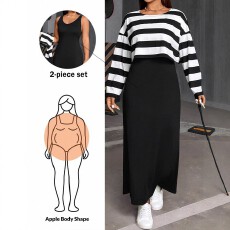 亚马逊跨境大码女士时尚休闲宽松条纹上衣搭配纯色连衣裙两件套装