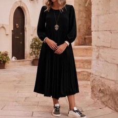 批发欧美跨境亚马逊大码女式纯色休闲百搭通勤舒适宽松百褶连衣裙