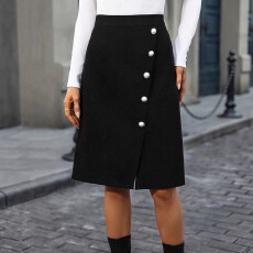 批发欧美跨境亚马逊大码女式时尚休闲不对称设计纯色开叉单排扣半身裙