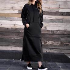 批发跨境亚马逊欧美大码女式时尚通勤卫衣宽松设计连帽开叉休闲连衣裙