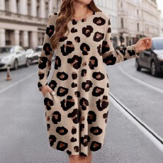 批发欧美跨境亚马逊大码女士时尚休闲气质<b class='q'>通勤</b>豹纹百搭宽松连衣裙