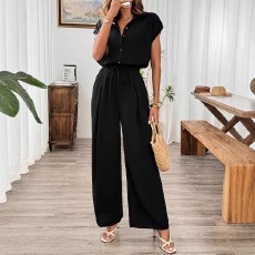 批发<b class='q'>欧美</b>跨境亚马逊大码休闲百搭纯色一排纽扣假抽绳设计<b class='q'>连体裤</b>