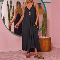 批发欧美女士时尚休闲大码连衣裙<b class='q'>通勤</b>穿搭气质舒适纯色吊带荷叶边裙子