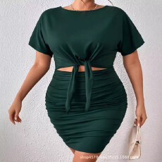 批发欧美跨境性感露脐短袖两件套女装2024<b class='q'>夏</b>季亚马逊新款褶皱包臀套装