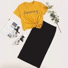 批发亚马逊<b class='q'>夏</b>季大码时尚套装女2025新款欧美休闲上衣高腰半身裙两件套