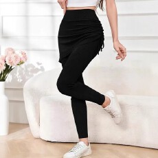 批发2026秋季瑜伽裤假两件女式裙裤抽绳高腰弹力显瘦健身运动长裤欧美